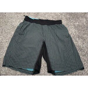 Lululemon Men's T.H.E. Shorts Double Lined Black w/ Teal Grid Pattern Small EUC
